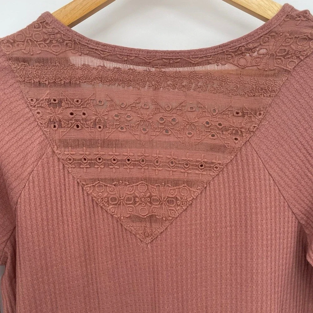 Free People Parisian Nights Rose Ribbed Bell Sleeve Eyelet Top Womens Small Boho